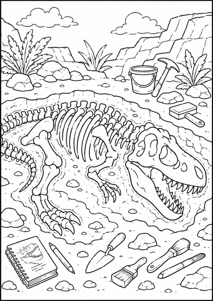 Tyrannosaurus rex fossil excavation coloring page