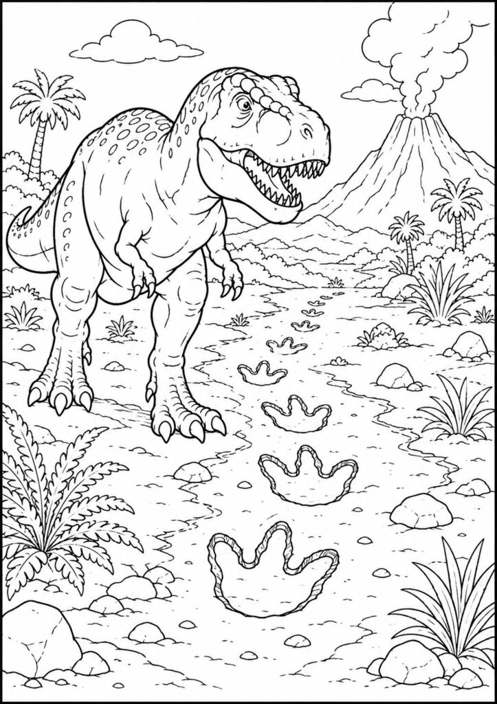 Tyrannosaurus rex following giant footprints coloring page