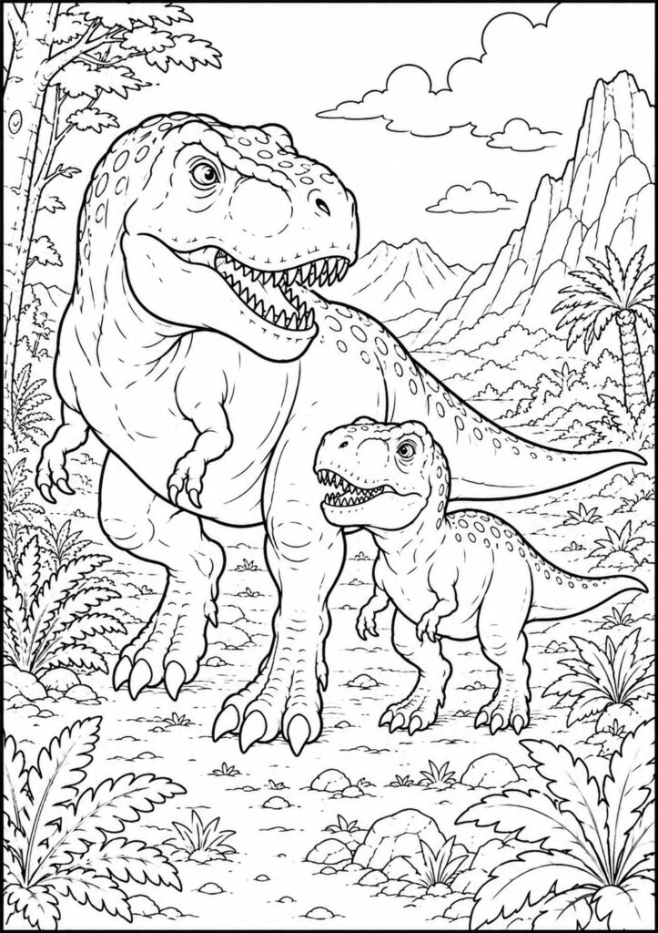 Adult Tyrannosaurus rex walking with a young T-Rex coloring page