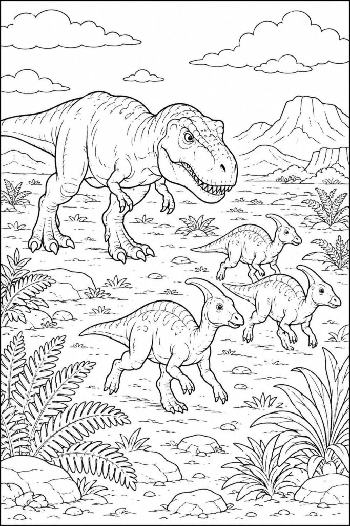 A Tyrannosaurus rex stalking prey across a prehistoric plain coloring page