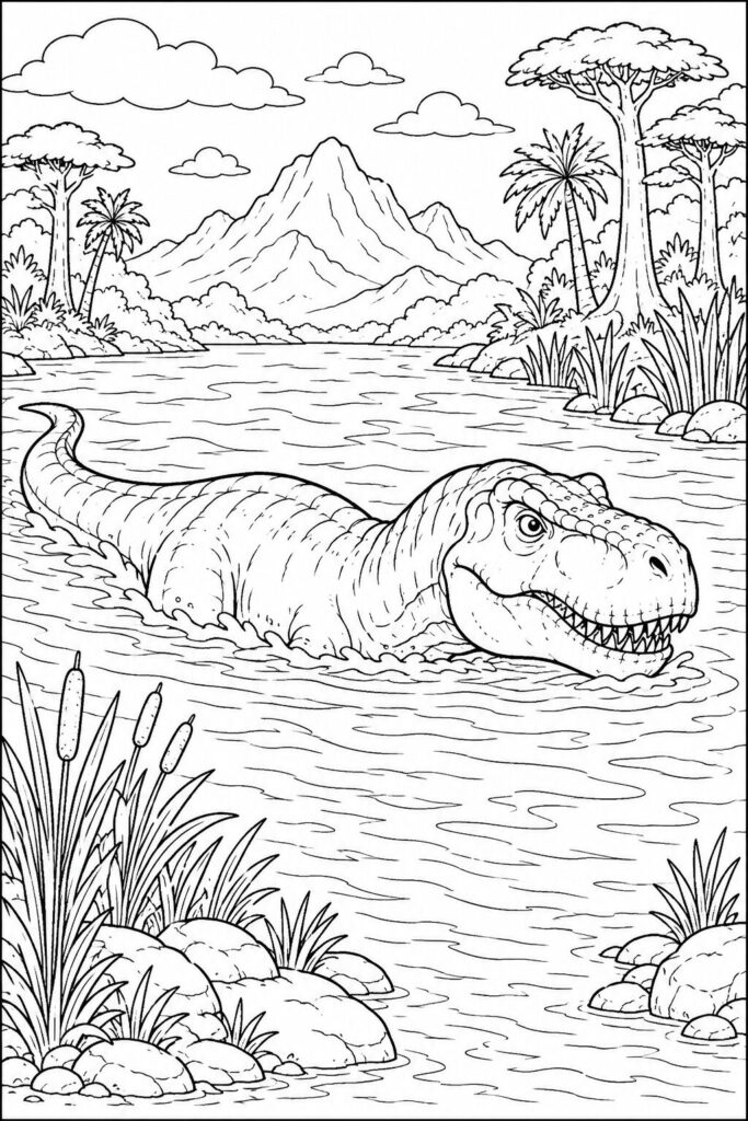 A Tyrannosaurus rex swimming across a prehistoric river coloring page