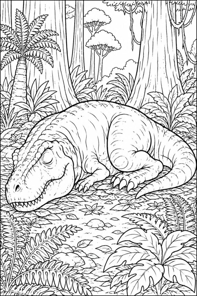 A sleeping Tyrannosaurus rex beneath prehistoric trees coloring page