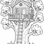 Classic wooden tree house with ladder and front porch coloring page