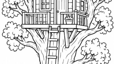 Classic wooden tree house with ladder and front porch coloring page