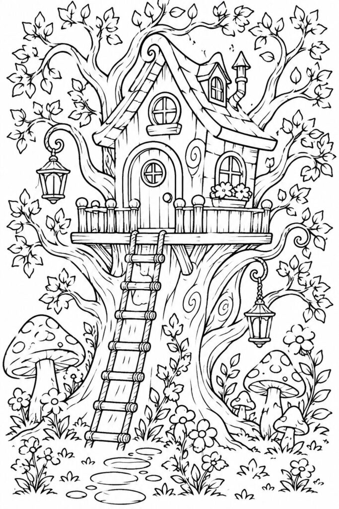 Whimsical fairy-style tree house with mushrooms coloring page