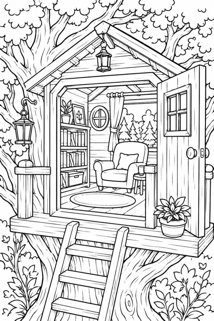 Cozy tree house reading nook with bookshelf coloring page
