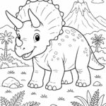 Friendly Triceratops standing on a grassy prehistoric plain coloring page
