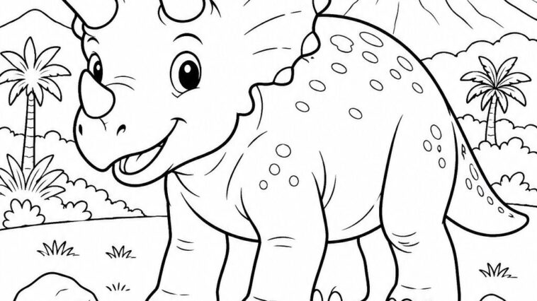 Friendly Triceratops standing on a grassy prehistoric plain coloring page