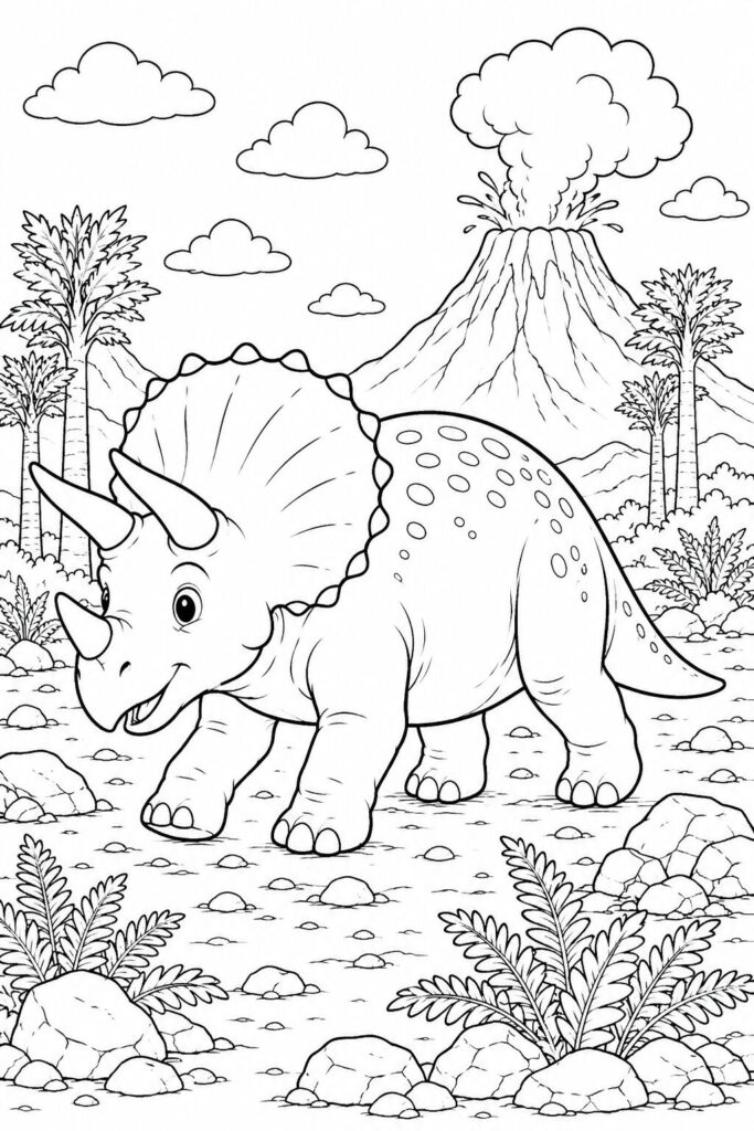 Triceratops exploring near a distant prehistoric volcano coloring page