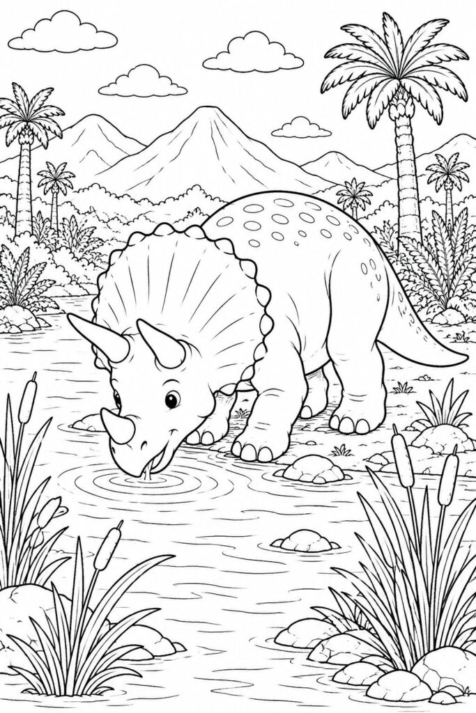 Triceratops drinking from a prehistoric river coloring page